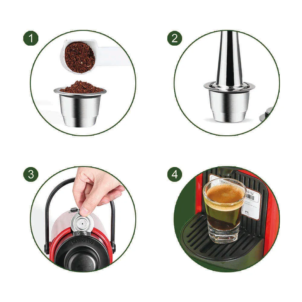 Cream Nespresso Refillerbar Kaffekapsel Pod Rostfritt Stål Espresso Kaffefilter Tamper Capsule Reutilisable CoffeeWare 210712