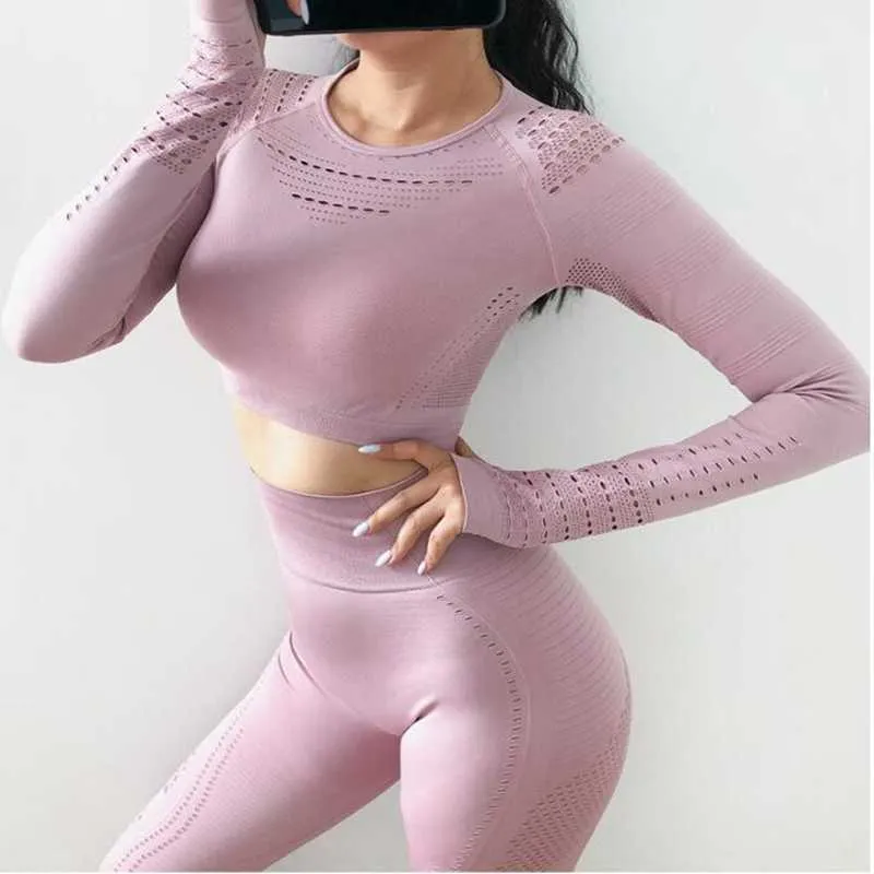 Frauen Nahtlose Yoga Sets Hohe Taille Gym Mesh Leggings Shirts Anzug Langarm Fitness Workout Sport Laufen Dünne 210802