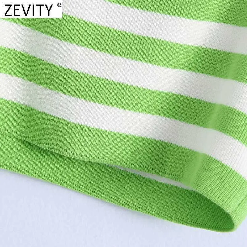 Zevity Women Fashion Paski Drukuj Krótki sweter dzianiny Kobieta Podstawowa Kierunek Kołnierz CHIC Swetry Crop Slim Topy SW815 210603