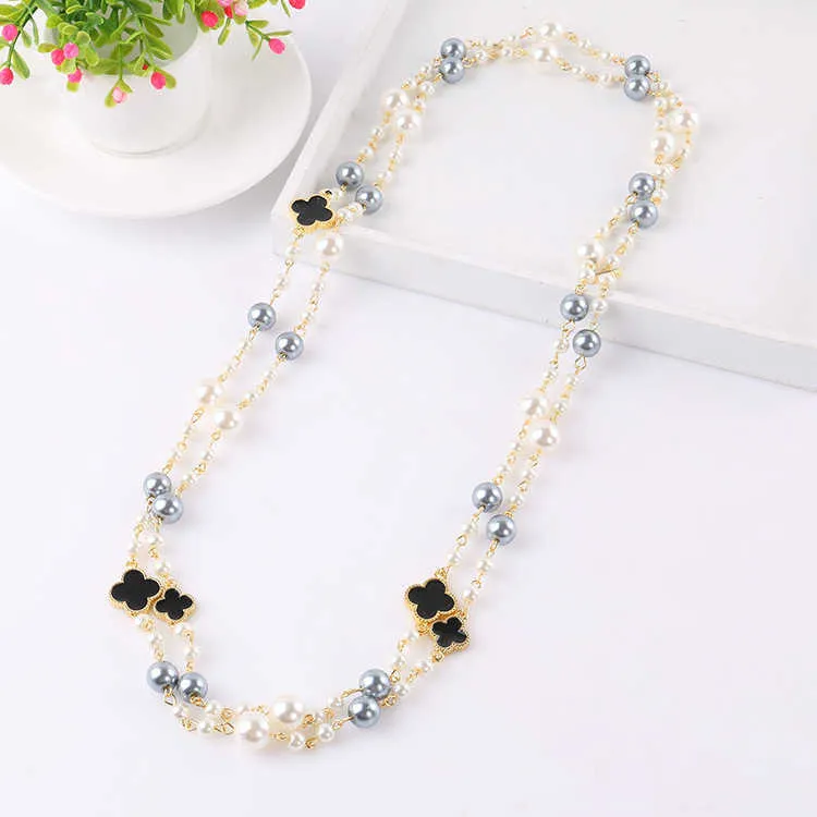 Designer Classique Vintage Trèfle Fleur Brillant Perle Multi Couche Longue Pull Déclaration Collier Pour Femme Élégant Médaillon Colliers265t