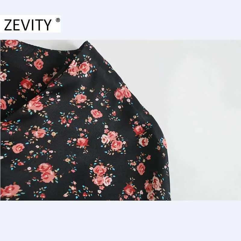Zevity Femmes Mode V Cou Floral Imprimer Taille Chemise Plissée Robe Chic Bureau Dames À Manches Longues Casual Slim Robe DS4581 210603