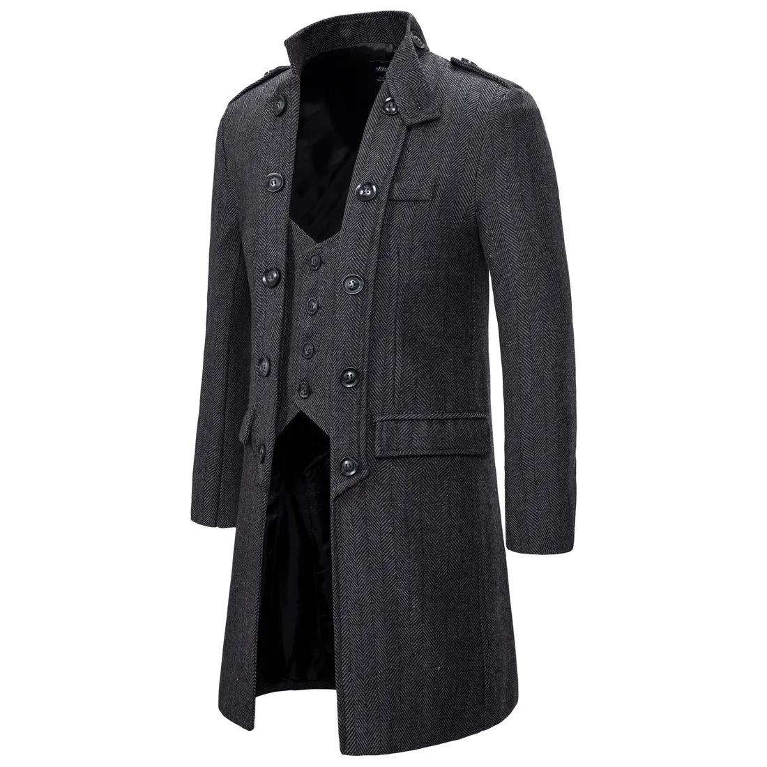 Herringbone Trench Coat Mężczyźni Fałszywy Dwa Kawałki Długa Kurtka Męskie Casual Slim Ciepły Vintage Retro Płaszcz Oversized Windbreaker Coats 210524