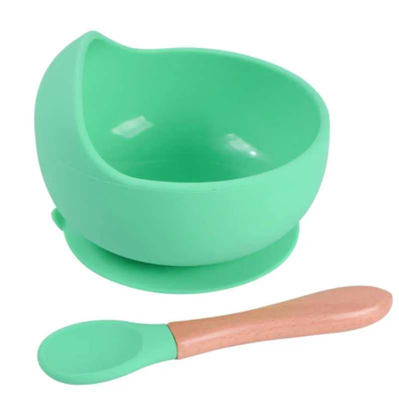 Baby Silicone Chinking Bowl Набор посуда BPA Бесплатная детская ручка ложка продовольственный сорт не Silp всасывание детская посуда 211026