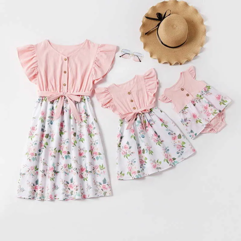 Spring Summer Family Matching Clothes sets Mother Daughter Baby ruffle Denim Floral Dress Bodysuit E2121 210610