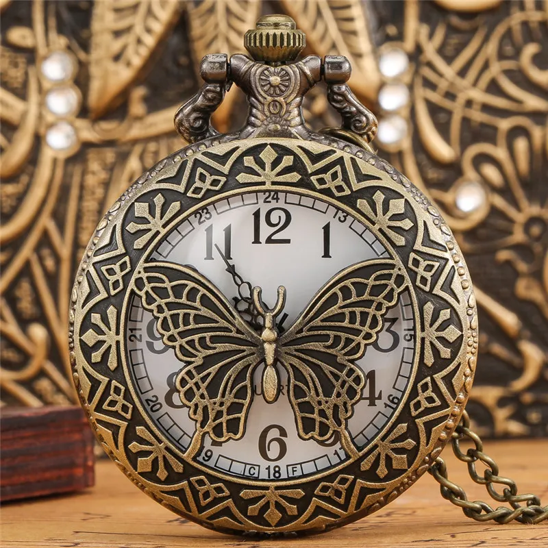 Стимпанк Дизайн бабочки Мужские женские кварцевые аналоговые карманные часы с арабским номером на циферблате Верхний подарок Подвесные часы для детей Ожерелье Chai2679
