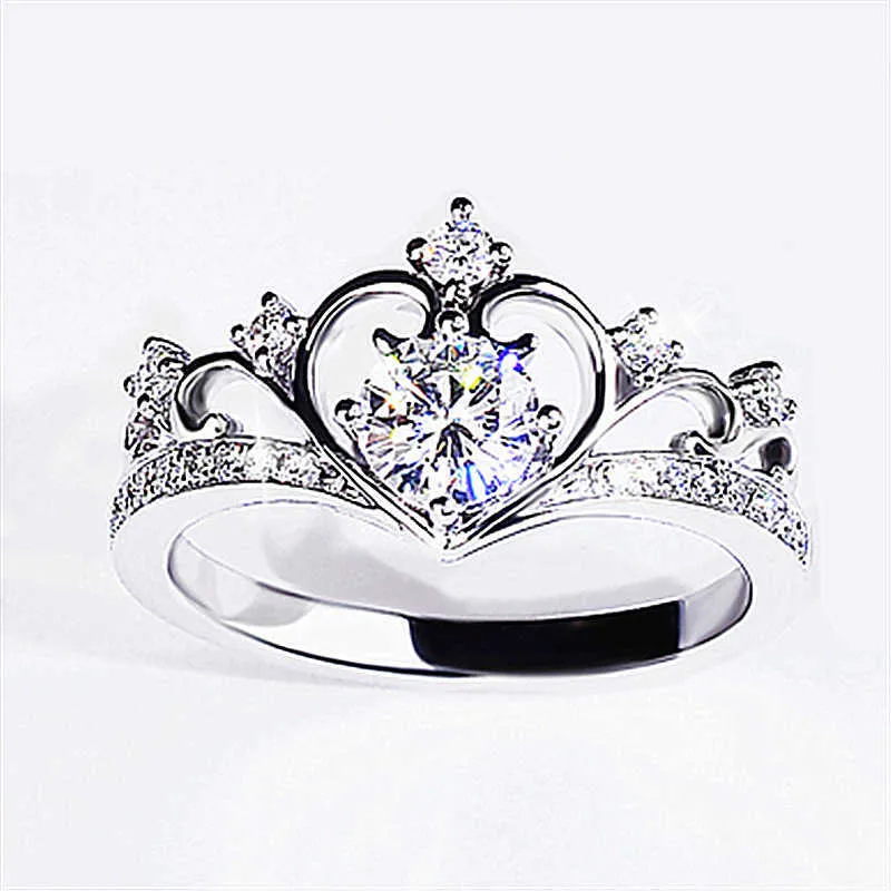 Womens Ringen Crystal Sieraden Sweet Heart Diamond Ring Perzik Hart, 18K White Gold Plated, Princess Crown, Sweet Cluster voor vrouwelijke bandstijlen