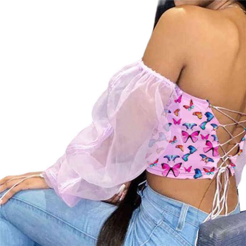 CHRONSTYLE Shirt Women Butterfly Print Blouse Crop Tops Slash Neck See-through Long Puff Sleeve Off Shoulder Backless Pullovers H1230
