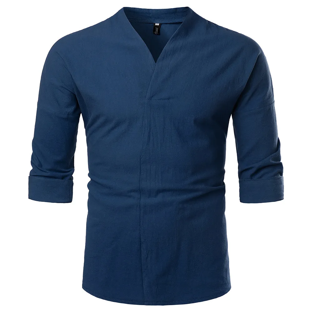 Cotton Linen Men Tshirts Simple Solid V Neck Mens T-shirt Vintage Casual T Shirt for Men Summer Tops Mens Clothing Streetwear 210524