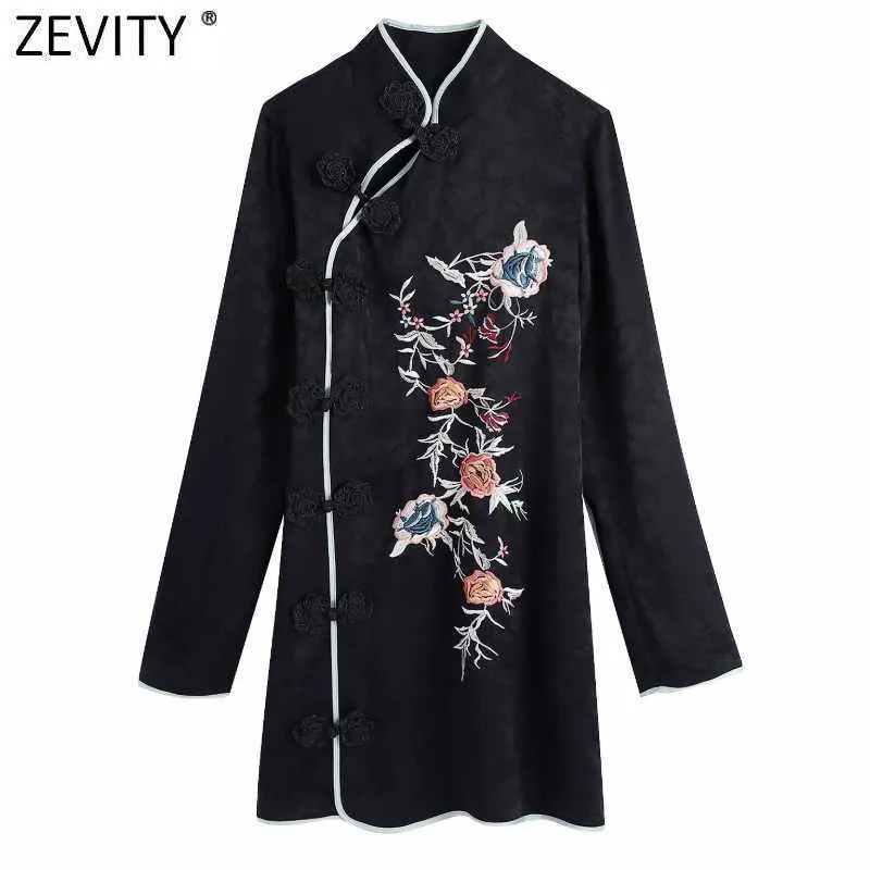 Zevity Kobiety Chiński Styl Cheongsam Kwiat Haft Jacquard Mini Sukienka Kobieta Z Długim Rękawem Klamry Dorywczo Slim Vestido DS4800 210603