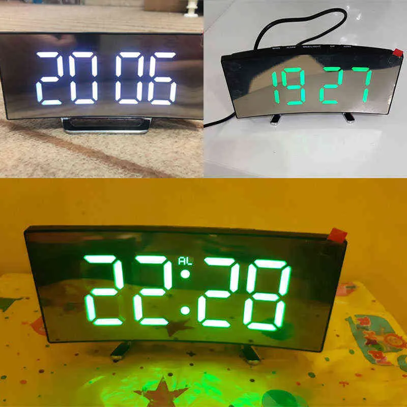 Reloj despertador LED Reloj digital Pantalla curva Reloj de escritorio electrónico Función de repetición Carga USB Adecuado para sala de estar Dormitorio 211112