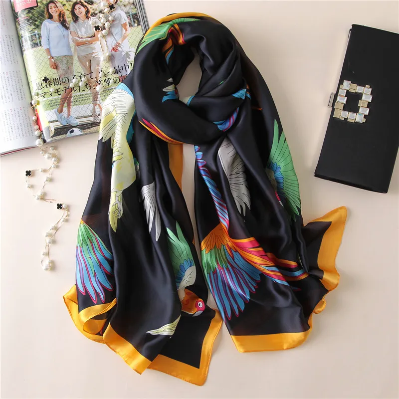 Bird Silk Scarf Pashmina Women Luxury Brand Parrots Printed Shawl Wraps Soft Foulard Female Scarves Turkish Natural Twill