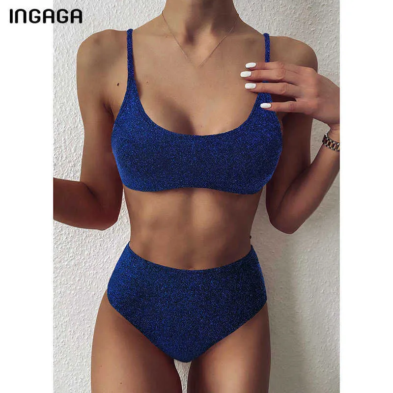 Ingaga Swimsuits Cintura Alta Biquinis Bikinis Swimwear Mulheres Pusham Ternos de Banho Glitter Sparkling Biquini Sexy Strap Bikini Set 210621