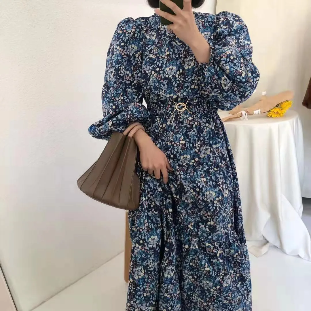 Spring And Summer Loose Women's Chiffon Maxi Dress Sundresses Femme Robe O-Neck Long-Sleeved Floral Vintage 210514