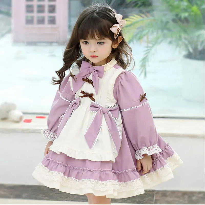 Весенние дети девочек платье лук воротник фиолетовый слоеный кружева рукава вечеринка лолита стиль одежды E023 210610