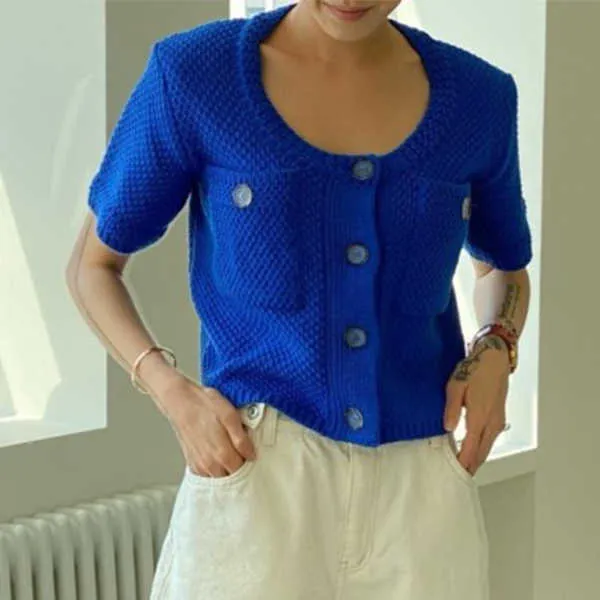 Korejpaa mujeres suéter verano coreano chic femenino simple cuello redondo de un solo pecho multibolsillo de manga corta cárdigan de punto 210526