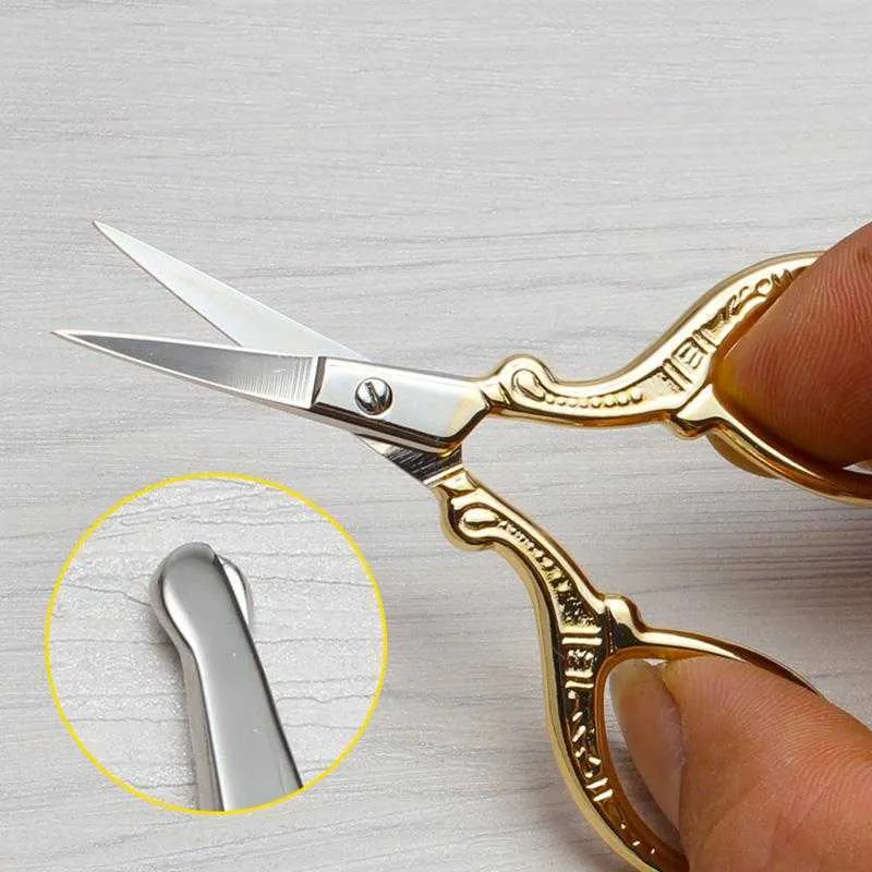 Stainless Steel Handmade Scissors Round Head Nose Hair Clipper Retro Gold Plated Household Tailor Shears For Embroidery Sewing Beauty Tools