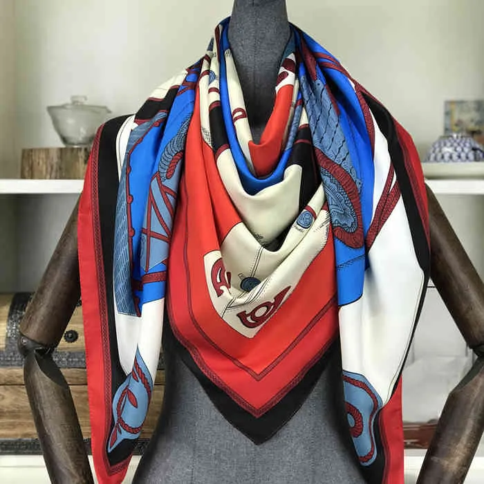 2019 luxe merk zijden sjaal hijab vrouw europese print ketting vierkante sjaals bandana sjaals stoles voor vrouwen 130 * 130cm