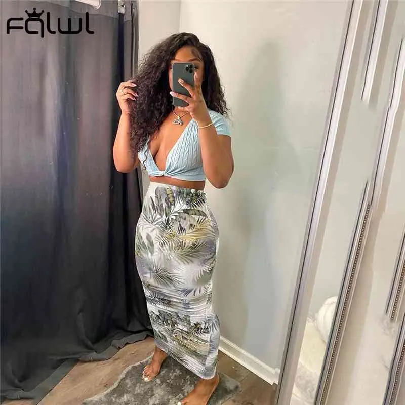 FQLWL Summer Streetwear Blue Biały Drukuj Spódnica Kobiety Ołówek Midi Długa Spódnica Ruched Boho Casual Bodycon Tight Spirts Kobieta 2021 x0428