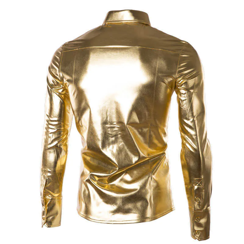 Night Club Wear Chemises habillées pour hommes Slim Fit Chemise métallique enduite d'or brillant Hommes Chemise boutonnée à manches longues pour Disco Party 210708