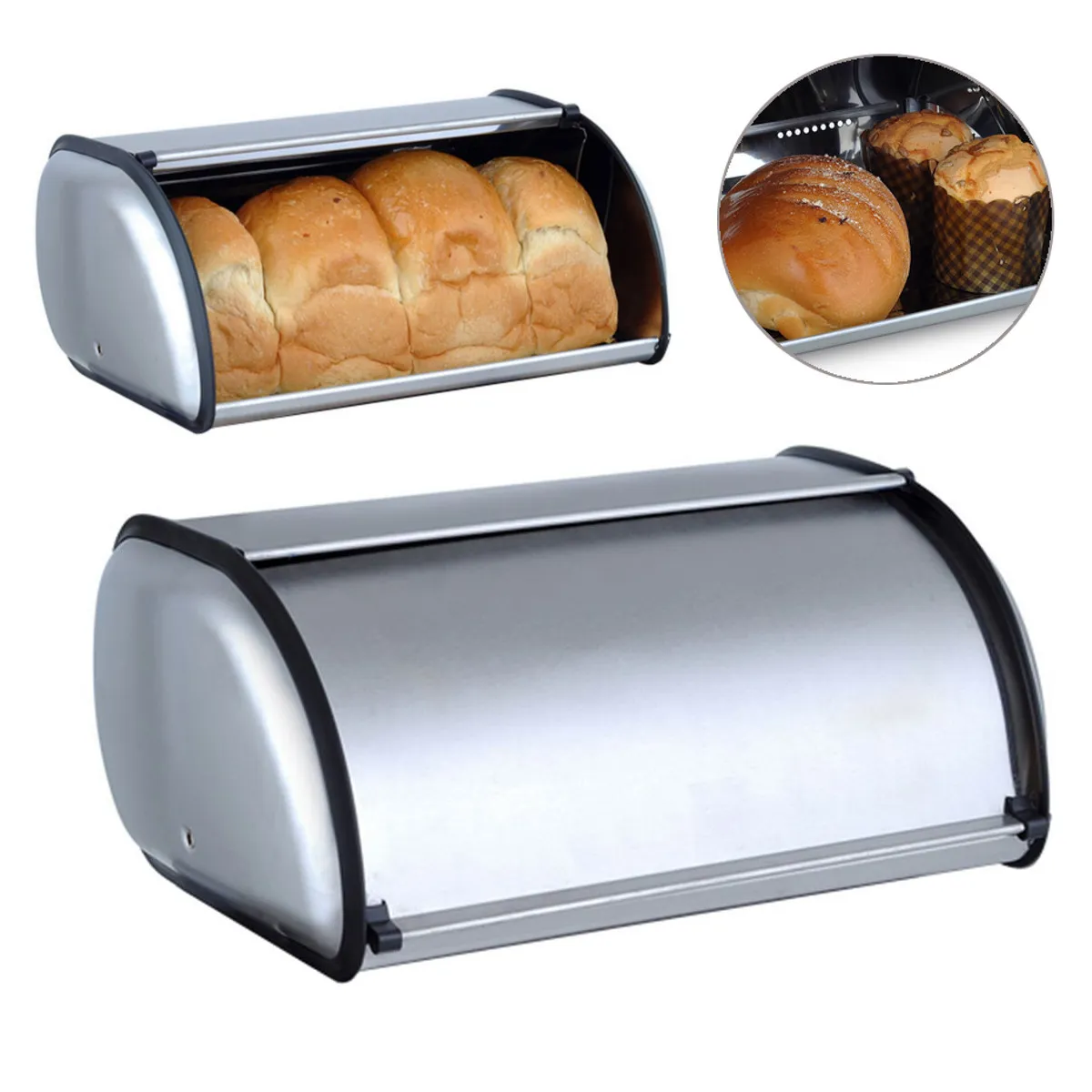 Rostfritt stål Roll Top Bread Box Förvaring Bin Keeper Mat Förvaring Container Kök Bakverk Bread Bakning Hållare Kök Tillbehör 210330