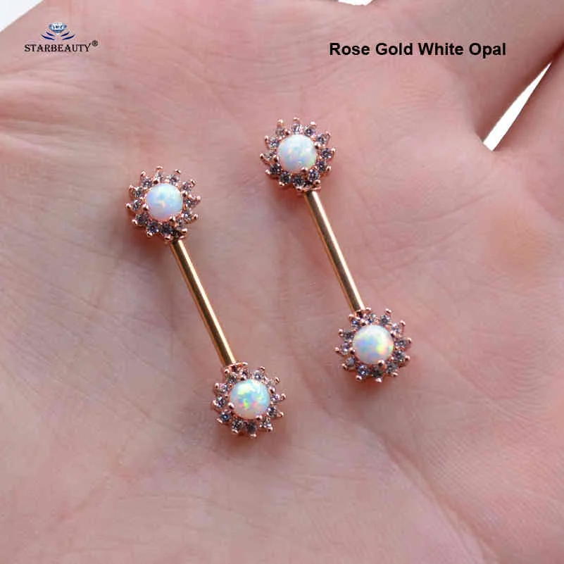14G Luxury Natural Opal Ring Tongue Nipple Piercing Shield Rose Gold Color Stainless Steel Barbell Sexy Jewelry
