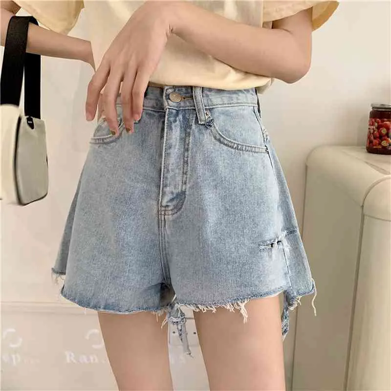 Kimutomo Ripped Jeans Shorts Femmes Été Coréen Solide Mode Femme Taille Haute Mode A-ligne Jambe Large Denim Shorts 210521