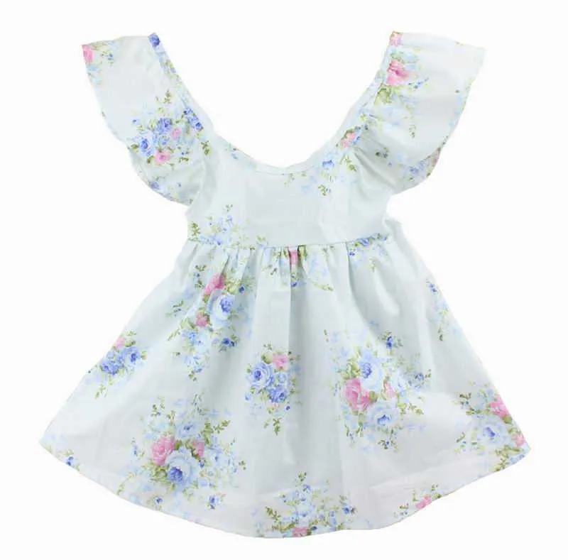 Perakende Yaz Paskalya Kız Elbise Bohemian Tarzı Backless Fırfır Çiçek Pamuk Tatil Sundress Çocuk Giyim 1-6Y E7125 210610