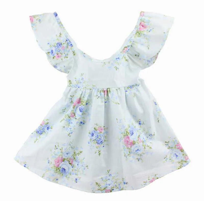 Retail Summer Easter Girl Dress Bohemian Style Backless Ruffle Floral Bomull Soltid Sundress Barnkläder 1-6Y E7125 210610