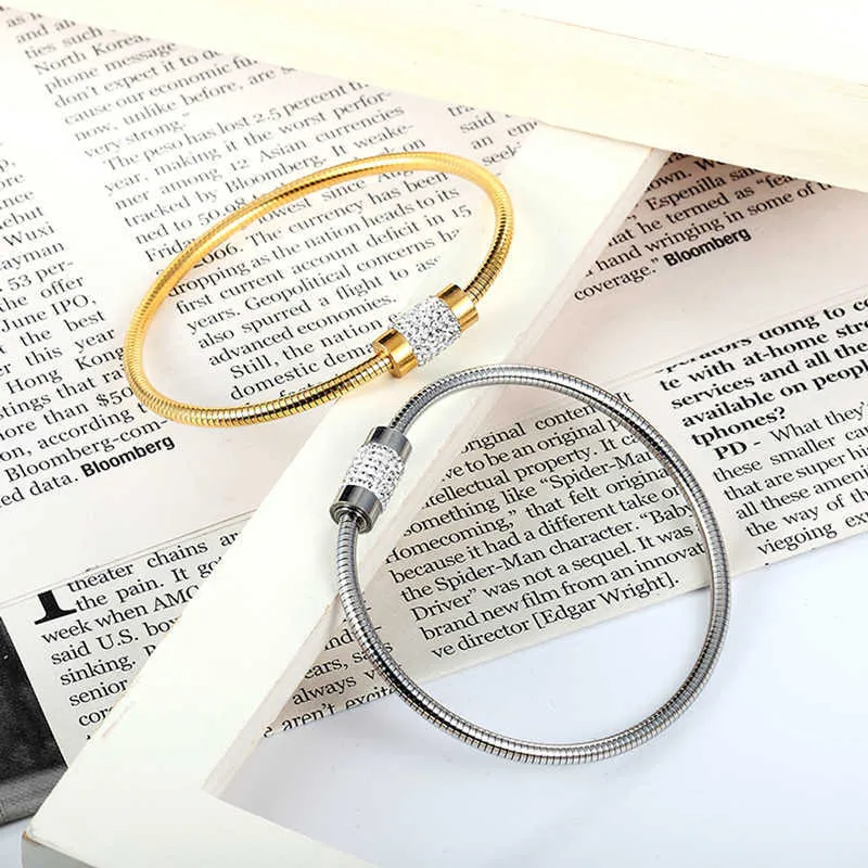 Классический дизайн круглый магнит застежка круга циркон браслет из нержавеющей стали золотой цвет ювелирные изделия змея сеть браслет для женщин Q0719
