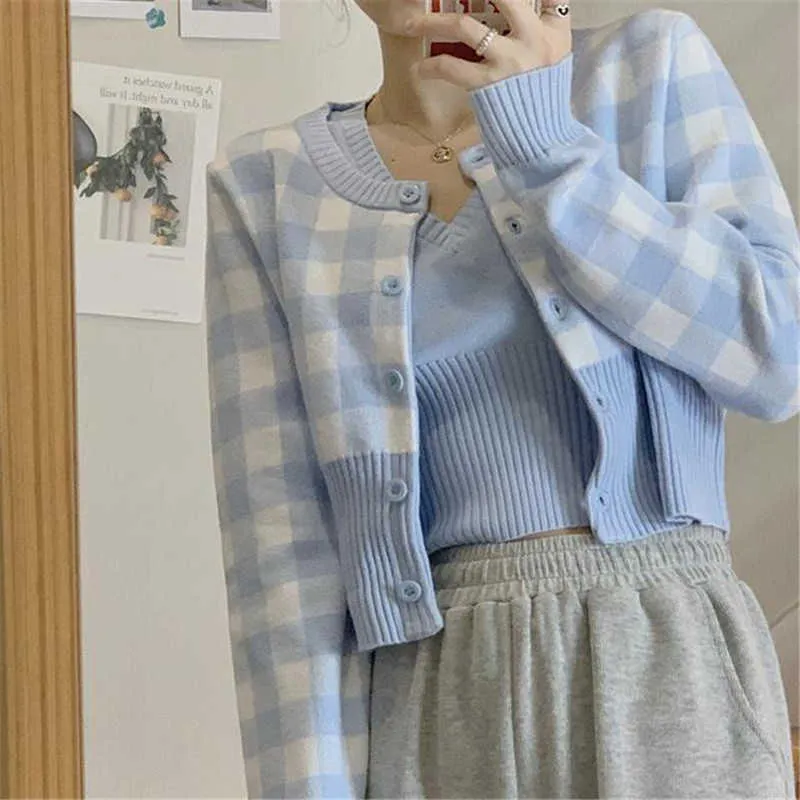 Nomikuma Vintage Sweet Plaid Women Sets Single Breasted Short Sweater Cardigan + Sleeveless V-neck Vest Suits 6E836 210806