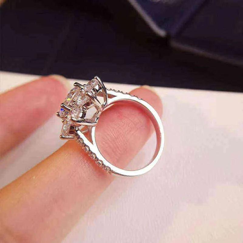 Real Luxury Sun Flower Ring 2 Carat Diamond Lotu Fancy Wedding s Sterling Silver Jewelry Include Box 220207