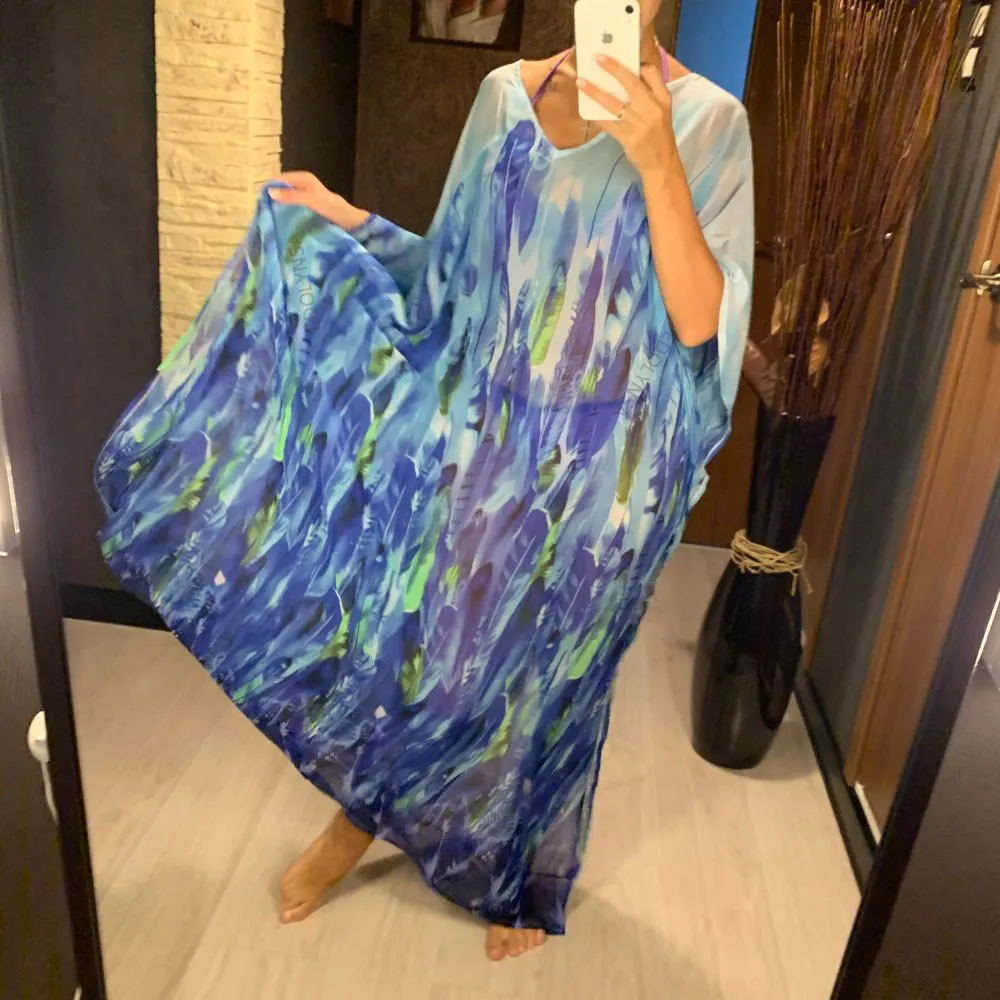 Chiffon Long Beach Cover Up Frauen Kleider Robe de Plage Vestidos Playa Bikini Cover Pareos Mujer Beachwear # Q842 210420