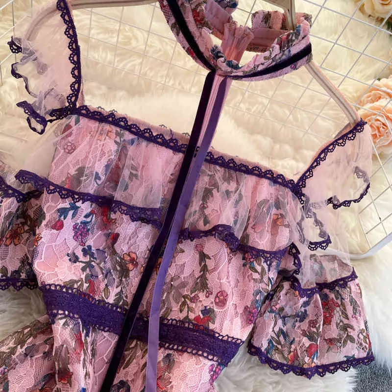 春ネット糸レースvestidos女性の刺繍の花の気質スタンドアップカラー半袖フリルのMidi Dress C770 210506