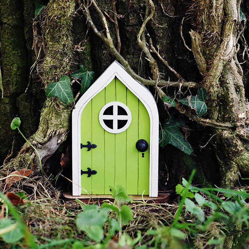 Niedliche Miniatur-Fenstertür aus Holz, Feenzwerg, Märchentor, Garten, Rasen, Ornament, Miniatur-Fenster und Tür, Heimdekoration, Q0811