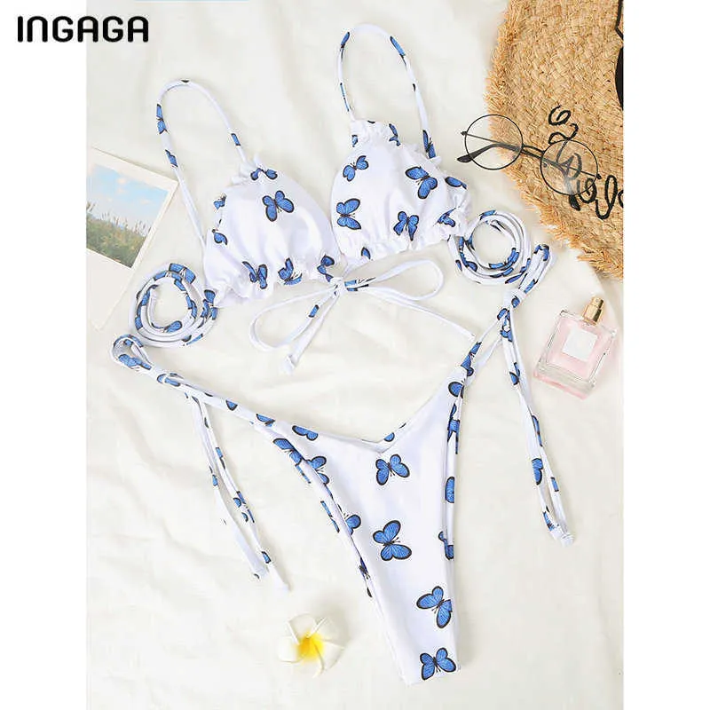 Ingaga Push Up Bikini Swimsers Swimwear Kobiety Wysokie cięcie Biquini String Bow Garnitury kąpielowe Thong Beachwear Ruched Bikini Set 210621