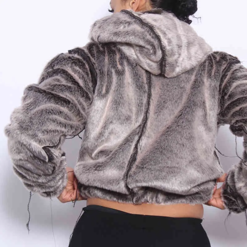 Automne Hiver Mode Peluche Doux Pull Chaud Pull Sweat-Shirt Casual Manches Longues Surdimensionné Femmes À Capuchon Top Gris 210517