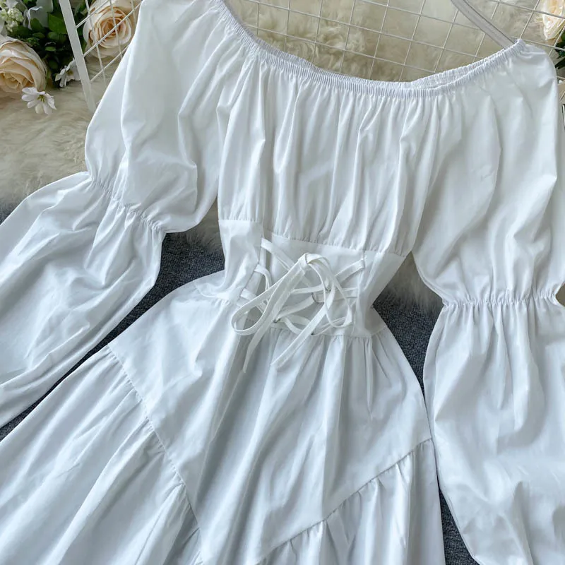 Женщины осенью сексуальная косой шеи две боковых износа слоеного рукава платье платье для талии тонкий подходит для японского стиля мини женские Vestidos PL485 210506