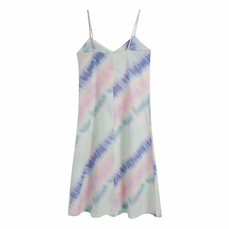 Summer Women Tie Dye Printing Suspender Midi Dress Female Sleeveless Clothes Casual Lady Loose Vestido D7553 210430
