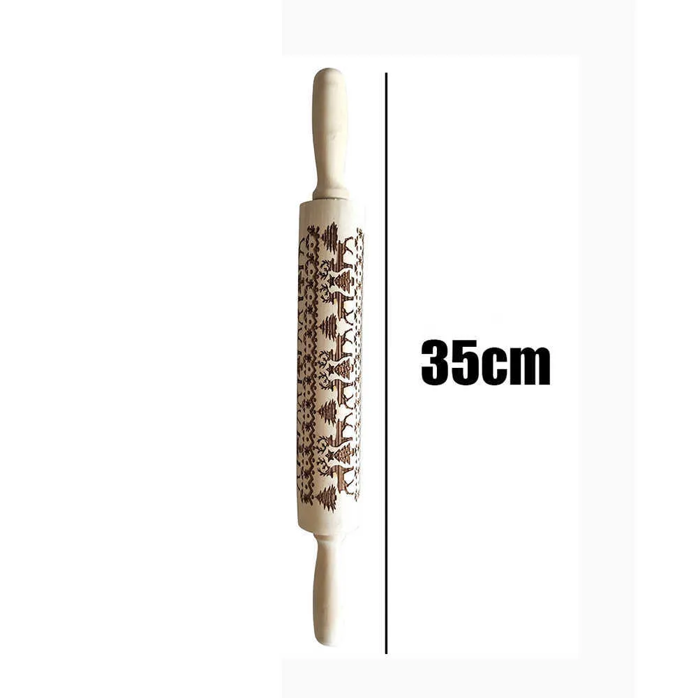 Wooden Christmas Rolling Pin Engraved Carved Embossed Rolling Pin Kitchen Tool a patisserie Baking tools 211008