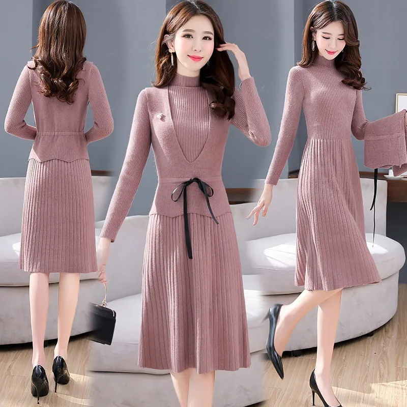 Herfst winter dames sets Koreaanse stijl lange mouwen pure kleur gebreide jurk slanke trui vest jurken ll763 210506
