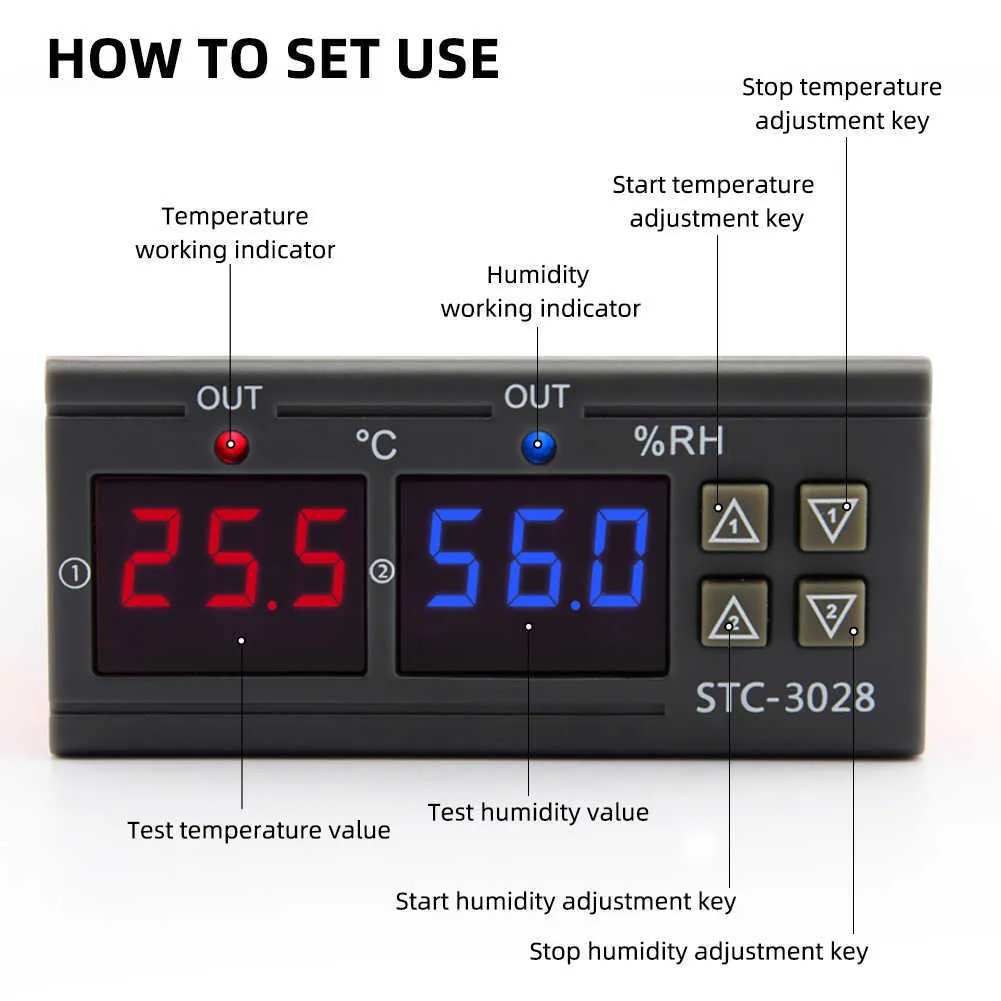 Yieryi Thermostat numérique Contrôle de la température et de l'humidité STC-3028 Thermomètre Hygromètre Contrôleur AC 110V 220V DC 12V 24V 10A 210719