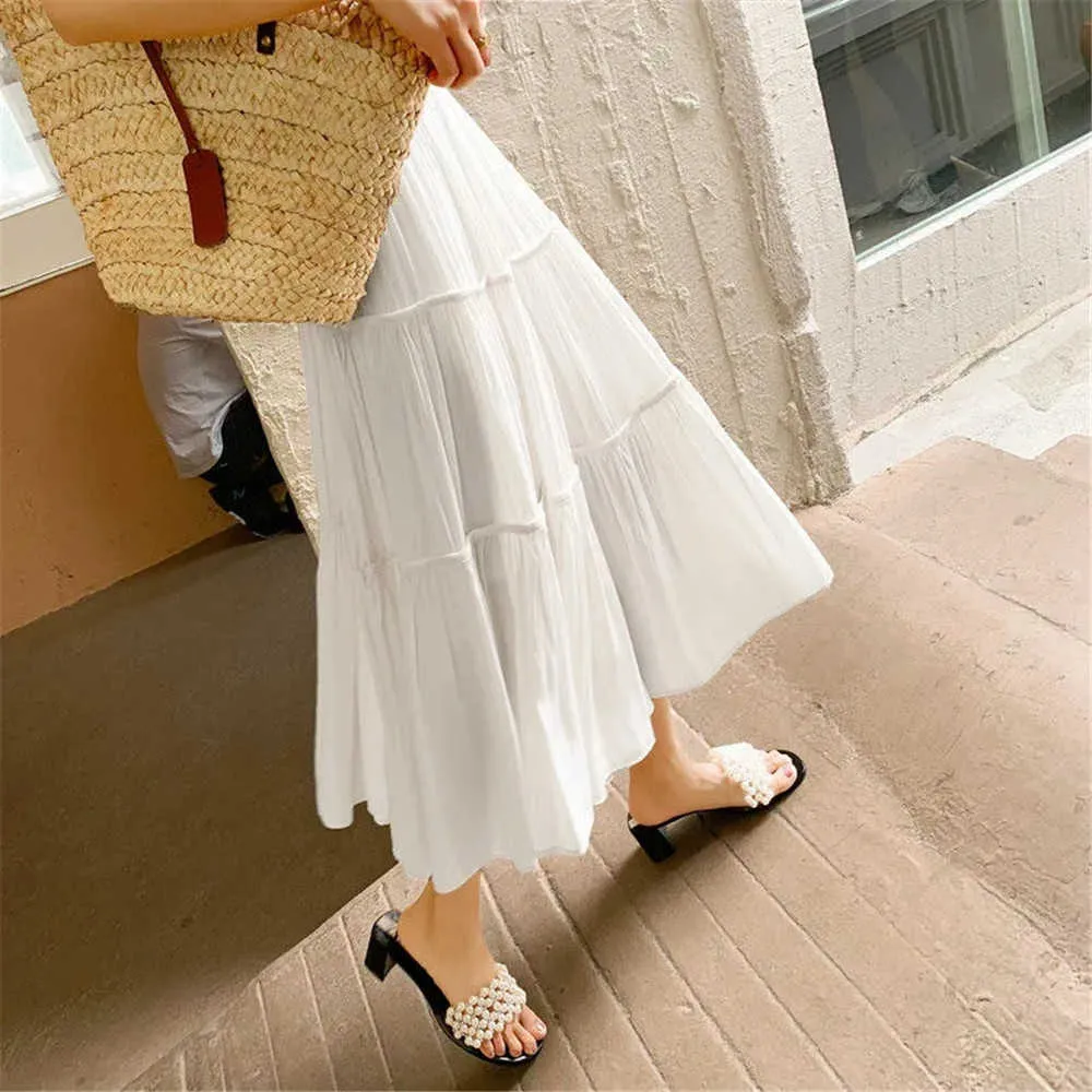 Bohemian Solid Black Long Swing kjol Holiday Women Elastic High midje Stitching Pleated Kirts Beach Korean White Maxi kjol 210619