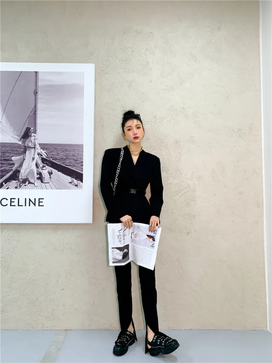 デザイナーブレザー女性白い非対称ベルトスーツ黒い女性韓国のSとジャケットの高いファッション210427
