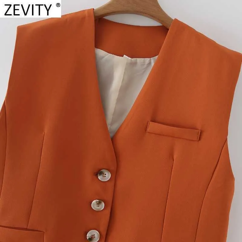 Zevity Women Simply Sleeveless Single Breasted Orange Vest Jacket Office Lady Slim Suit WaistCoat Pockets Outwear Tops CT682 210603