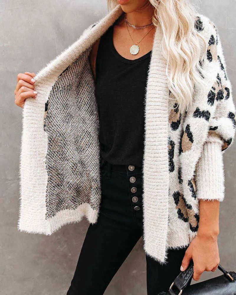 Fitshinling Fuzzy Leopard Long Cardigan Vrouwelijke Boheemse Slanke Batwing Mouw Overgemaakt Sweaters Cardiagns voor Dames Winterjas 211103