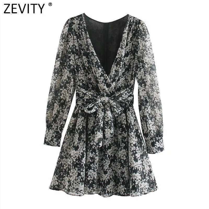 Zevity Women Vintage V Neck Pleats Puff Sleeve Floral Print Sashes Mini Dress Femme Golden Line Vestido Shirt Dresses DS4829 210603