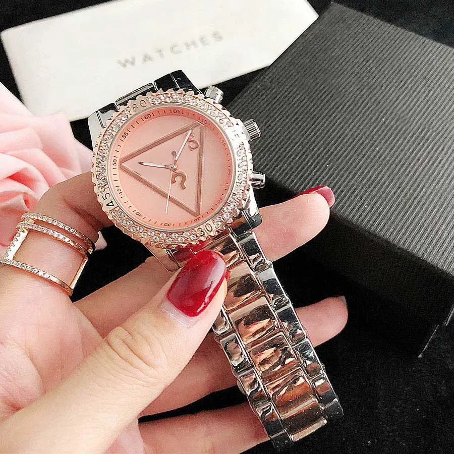 Marque Montres Femmes Fille Diamant Cristal Triangle Point D'interrogation Style Métal Acier Bande Quartz Montre-Bracelet GS 46