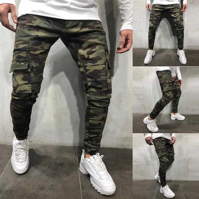 Camouflage Style Men Jeans Jogger Pants Military Pants Slim Multi-Pocket Cargo Pants Hip Hop Solid-Colored Pencil Jeans Men X0621