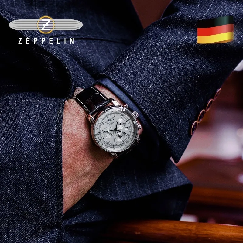 Часы Zeppelin, водонепроницаемые кожаные деловые повседневные кварцевые мужские многофункциональные хронографы с тремя глазами 220225267O
