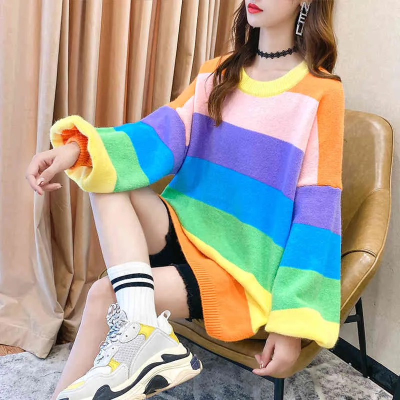 Sweter zimowy Kobiety Oneck Loose Styl Oversized Sweter i Swetry Rainbow Knit Skoczków Koreański Pull Jumper Autumn Cloth 210430